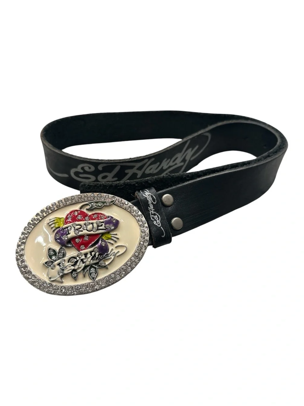 Ed Hardy Y2K Cyber Rhinestone Heart Belt Large True Love Genuine Leather Vintage